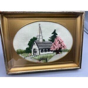 Vtg Handmade Embroidered Church‎ Steeple Scene In Gold Frame Trees